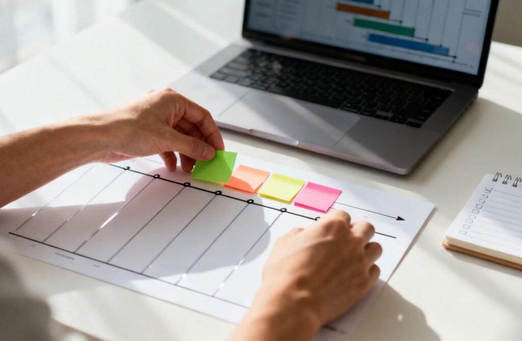 Project planning with a calendar and sticky notes in front of a laptop