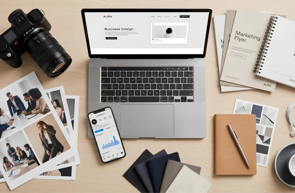 Sales and communication tools arranged on a desk: laptop, camera, brochures
